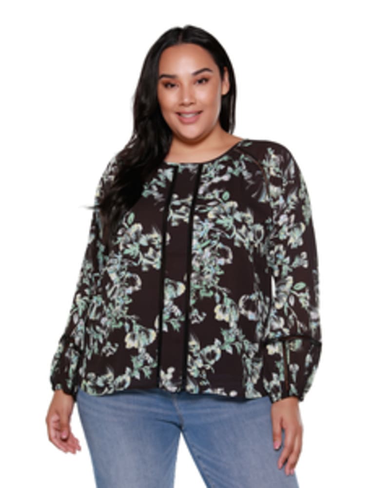 Front of a model wearing a size 1X Ruby Floral Long Sleeve Top in Black Floral by Belldini Black Label. | dia_product_style_image_id:245870